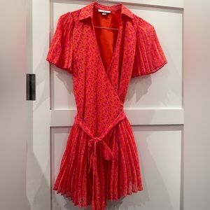 Bright orange and pink floral wrap pleated mini dress